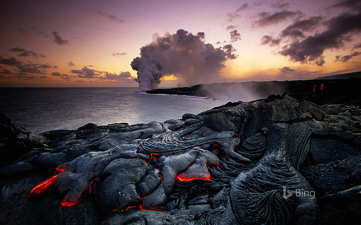 Гавайские вулканы Национальный парк-2016 Bing Desktop W .., черная расплавленная лава, HD обои