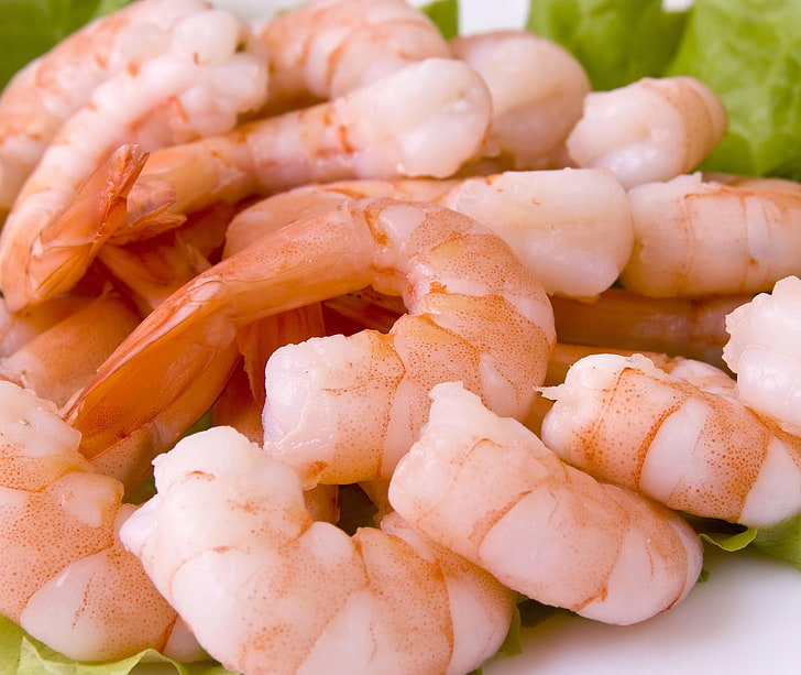 cooked shrimps, shrimp, dish, seafood, cabbage, HD wallpaper