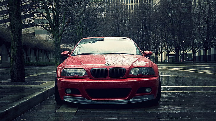 mobil BMW merah, mobil, BMW, hujan, kota, mobil sport, BMW M3 E46, mobil merah, kendaraan, E46, Wallpaper HD