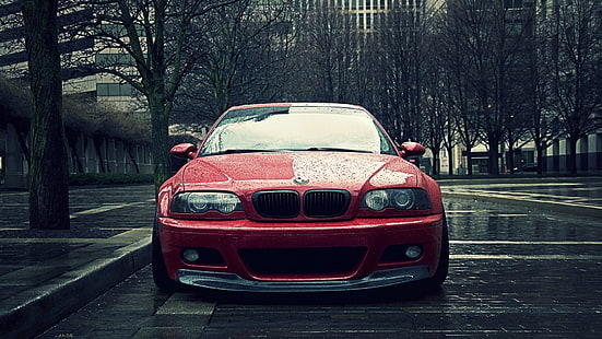 червена кола на BMW, кола, BMW, дъжд, град, спортна кола, BMW M3 E46, червени автомобили, превозно средство, e46, HD тапет HD wallpaper