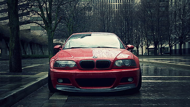 red cars, e46, vehicle, rain, BMW M3 E46, car, BMW, city, sports car, HD wallpaper