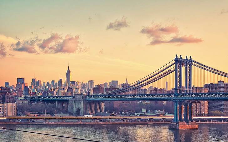 都市、水、橋、マンハッタン橋、ニューヨーク市、 HDデスクトップの壁紙