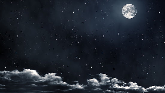 background, beautiful, clouds, dark, moon, night, sky, stars, HD wallpaper HD wallpaper