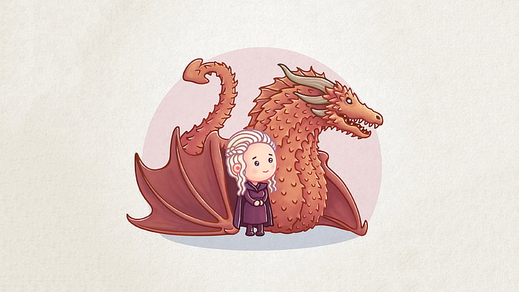 Gráfico de dibujos animados de Daenerys Targaryen y Drogon, Una canción de hielo y fuego, Juego de tronos, Daenerys Targaryen, dragón, ilustración, dibujos animados, Fondo de pantalla HD
