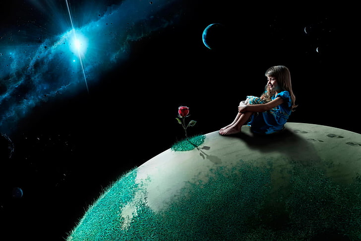 red rose illustration, space, rose, planet, girl, child, HD wallpaper