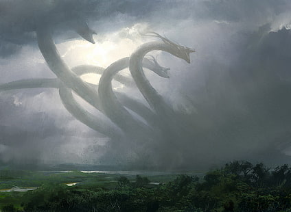 schwarze und graue Drachen, Fantasiekunst, Hydra, Mythologie, Kreatur, HD-Hintergrundbild HD wallpaper