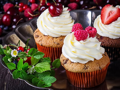 Muffins, cakes, cream, berries, dessert, Muffins, Cakes, Cream, Berries, Dessert, HD wallpaper HD wallpaper