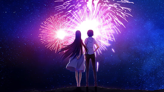 uomo e donna che guardano i fuochi d'artificio personaggi anime, manga, anime, Grisaia no Kajitsu, Sakaki Yumiko, Kazami Yuuji, Sfondo HD HD wallpaper