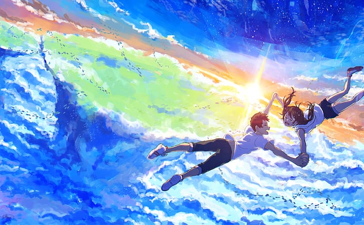 art numérique, anime, ciel, lever de soleil, nuages, chute, Hina Amano, Tenki no Ko, Hodaka Morishima, Makoto Shinkai, Fond d'écran HD