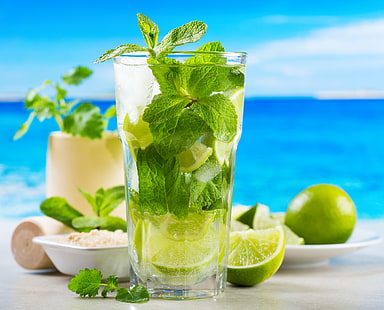 lime juice, ice, sea, beach, cocktail, sugar, lime, mint, Mojito, HD wallpaper HD wallpaper