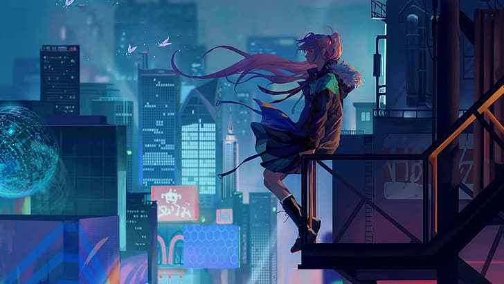 アニメ、アニメの女の子、夜、未来都市、蝶、 HDデスクトップの壁紙