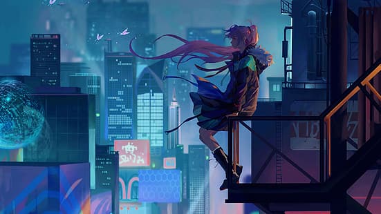 anime, anime girls, night, futuristic city, butterflies, HD wallpaper HD wallpaper