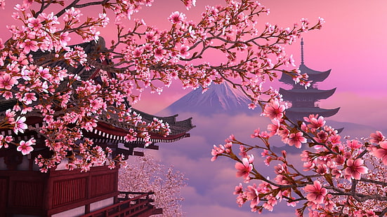 Артистичен, японски, черешов цвят, пагода, сакура, HD тапет HD wallpaper