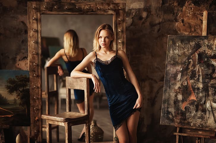 mirada, pose, reflexión, modelo, niña, figura, espejo, rubia, Anastasia Barmina, Fondo de pantalla HD