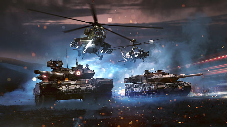 Видеоигра, War Thunder, Boeing AH-64 Apache, вертолет, Leopard 2, Mil Mi-35, T-90, Tank, HD обои