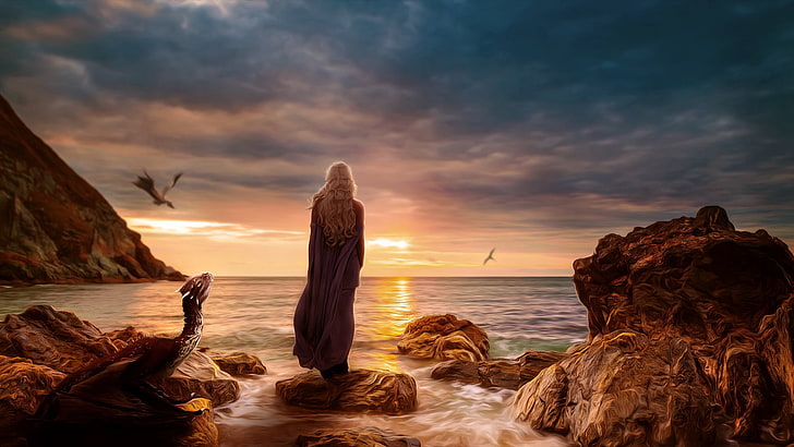 mulher em pé no papel de parede de formação rochosa, Game of Thrones, Daenerys Targaryen, dragão, mar, pôr do sol, arte da fantasia, menina da fantasia, céu, horizonte, HD papel de parede