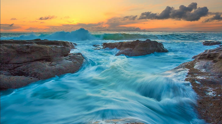 Wellen, Meer, Sonnenuntergang, HD-Hintergrundbild