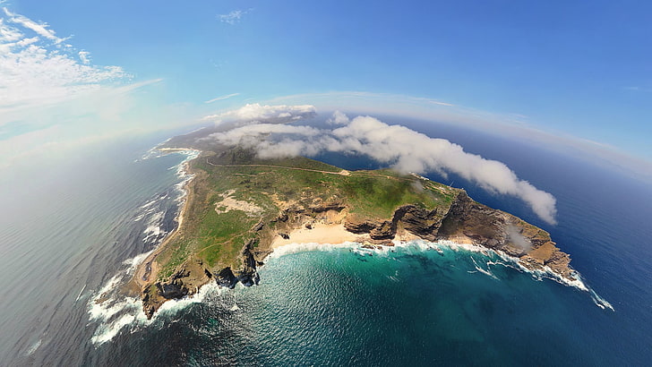 island digital wallpaper, nature, landscape, mountains, aerial view, sea, clouds, island, waves, cliff, Africa, GoPro, fisheye lens, HD wallpaper
