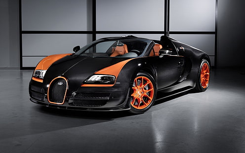 mobil, Bugatti Veyron, mobil hitam, oranye, Bugatti, kendaraan, Wallpaper HD HD wallpaper