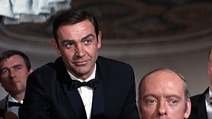 men's black polo shirt, James Bond, Sean Connery, tuxedo, men, actor, smiling, movie scenes, HD wallpaper