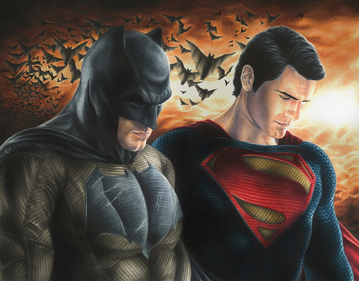 Batman and Superman illustration, Batman, dark knight, Superman, DC Comics, Henry Cavill, man of steel, Ben Affleck, Batman V Superman: dawn of justice, HD wallpaper
