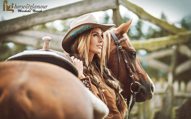 Marketa Novak, hat, animals, horse, women, women outdoors, model, 500px, women with horse, cowboy hats, cowgirl, cow girl, HD wallpaper