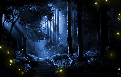 digital, arte digital, arte, bosque, naturaleza, luces, noche, vista nocturna, rayos de luna, madera, paisaje, oscuro, silueta, árboles, Fondo de pantalla HD HD wallpaper