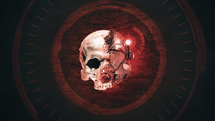 white and red skull digital wallpaper, cyborg skull illustration, space suit, space battle, marines, graphic design, skull, shooter, first-person shooter, red, Call of Duty: Advanced Warfare, Call of Duty: Infinite Warfare, Halo 2, Halo 5: Guardians, Halo Wars, Call of Duty, HD wallpaper
