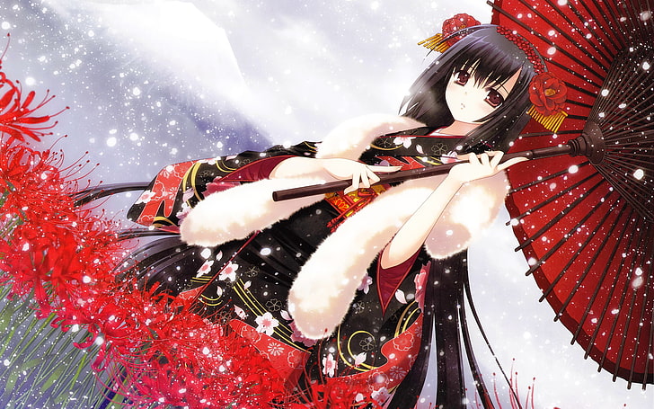wanita berambut hitam memegang payung ilustrasi merah, anime, kimono, gadis anime, rambut gelap, salju, bunga, syal, Wallpaper HD