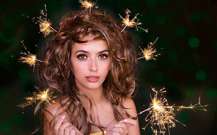 Girl, portrait, sparklers, hairstyle, Girl, Portrait, Sparklers, Hairstyle, HD wallpaper