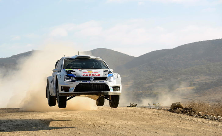 The sky, Auto, White, Sport, Volkswagen, Machine, The hood, Day, Red Bull, WRC, Rally, The front, Polo, Competition, Sebastien Ogier, Julien Ingrassia, In The Air, Sfondo HD