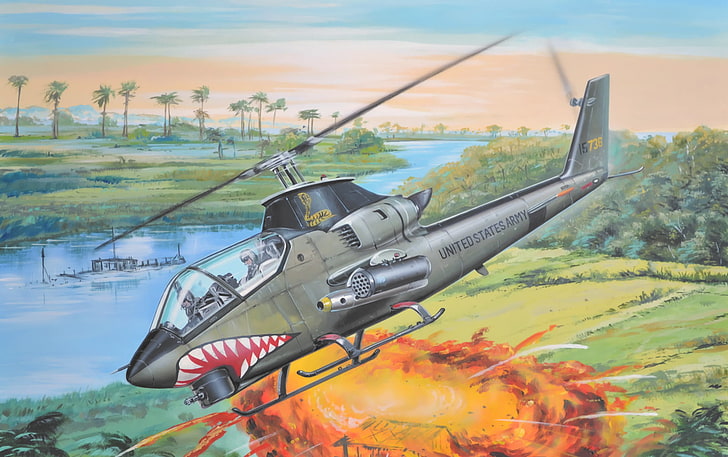 ภาพวาดเฮลิคอปเตอร์สีเทาสงครามศิลปะเฮลิคอปเตอร์ภาพวาดสงครามเวียดนาม Bell AH-1G Huey Cobra, วอลล์เปเปอร์ HD