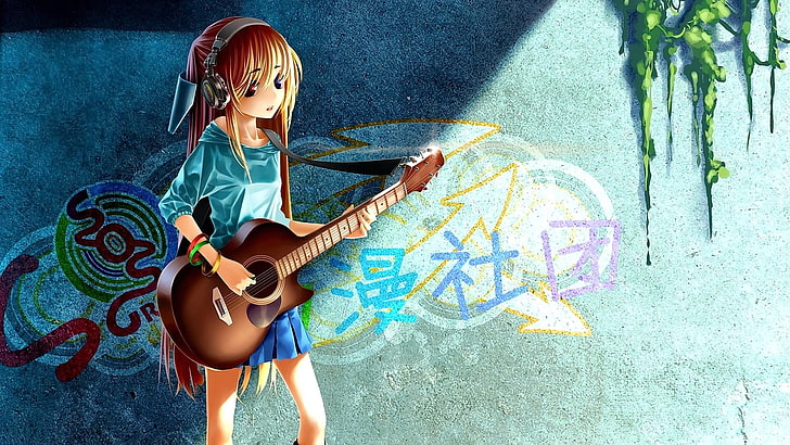 アニメ、アニメの女の子、ブロンド、ギター、よそ見、長い髪、口を開けて、 HDデスクトップの壁紙