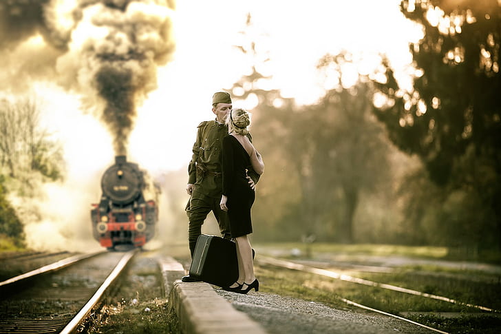 Farewell, girl, train, photo of man and woman getting intimate near train, girl, rails, shirt, train, military, Farewell, garrison cap, HD wallpaper