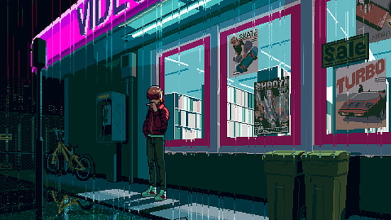 198x, 1980er Jahre, Pixelkunst, Retro-Stil, Hi-Bit-Studios, Videospielkunst, Videospiele, Regen, HD-Hintergrundbild HD wallpaper