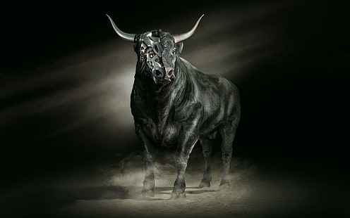 цифров тапет черен бик, външен вид, метал, мощност, робот, клаксони, бик, HD тапет HD wallpaper