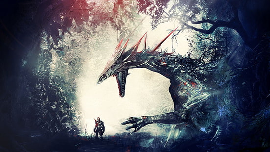 caballero de pie frente al papel tapiz del dragón, obras de arte, arte de fantasía, guerrero, dragón, bosque, caballero, Dragon Age: Origins, videojuegos, Fondo de pantalla HD HD wallpaper