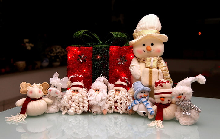 aneka warna ornamen Natal, tahun baru, liburan, natal, manusia salju, santa claus, hadiah, mainan, Wallpaper HD