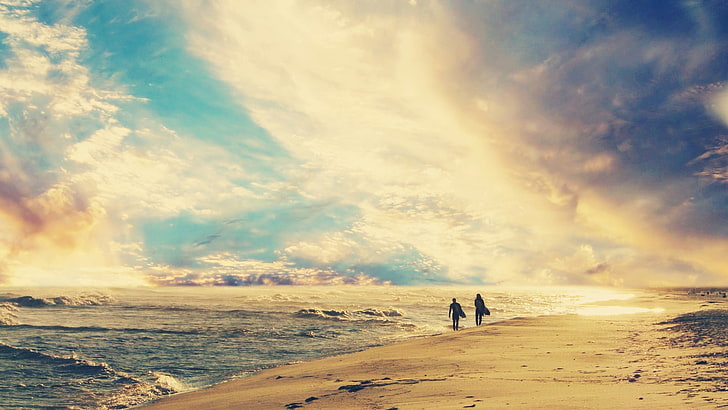 orilla del mar, playa, colorido, gente, cielo, mar, nubes, horizonte, naturaleza, Fondo de pantalla HD