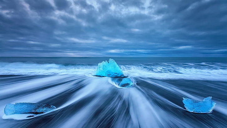 time-lapse photo of blue crystals, photography, long exposure, nature, landscape, water, sea, clouds, horizon, blue, ice, waves, HD wallpaper