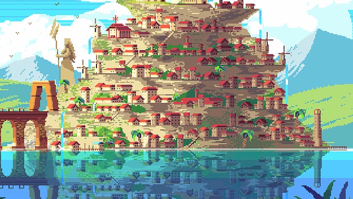 pixel art, LakeSide, Massive Galaxy Studios, 4K, building, city, lake, clouds, mountains, HD wallpaper