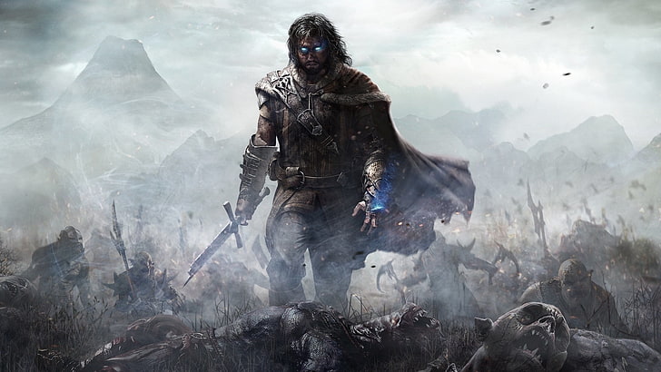 Talion from Shadow of Mordor, Middle-earth: Shadow of Mordor, video games, The Lord of the Rings, artwork, fantasy art, Orc, orcs, men, sword, cape, HD wallpaper