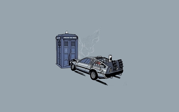 gray car illustration, Back to the Future, TARDIS, Doctor Who, crash, tea, DeLorean, simple background, minimalism, crossover, artwork, HD wallpaper