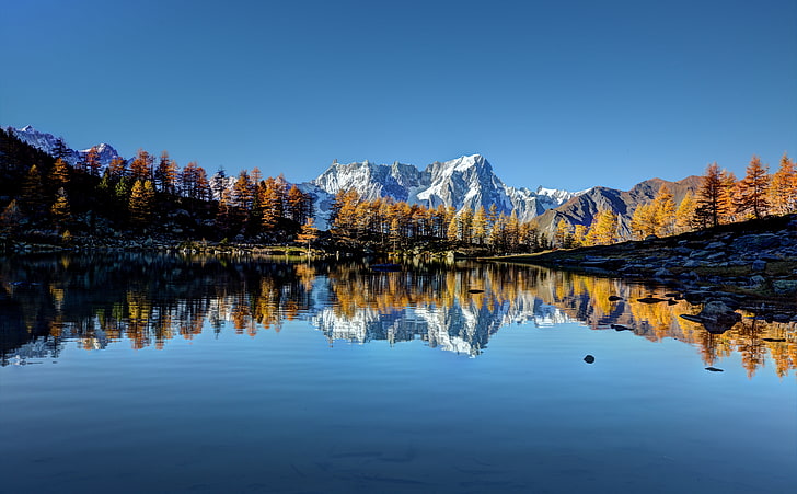 Arpy Lake, snow covered mountain, Europe, Italy, Beautiful, Autumn, Yellow, Trees, Mountain, Wood, Lake, Valley, Forest, Fall, Alps, Reflection, Arpy, Aosta, Mont Blanc, HD wallpaper