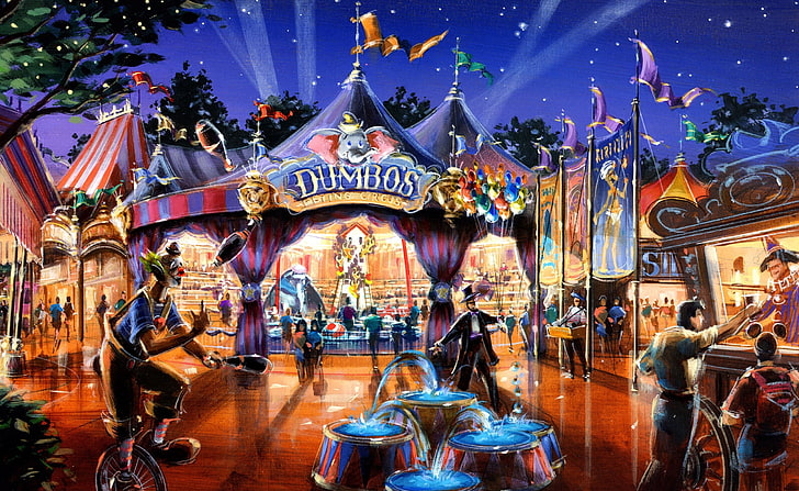 Dumbo en Fantasyland, Ilustración del parque de atracciones Dumbos, Dibujos animados, Old Disney, Disney, Circus, Fantasyland, Dumbo, disney fantasyland, dumbo en fantasyland, dumbo disney, dumbo's circus, Fondo de pantalla HD