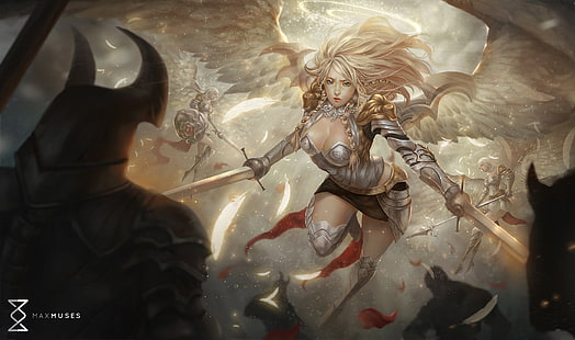 ángel con ilustración de espada, arte de fantasía, ángel, escote, Fondo de pantalla HD HD wallpaper