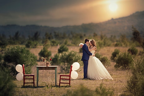 conjunto de mesa e cadeiras de madeira retangular azul e marrom, a noiva, casamento, o noivo, HD papel de parede HD wallpaper