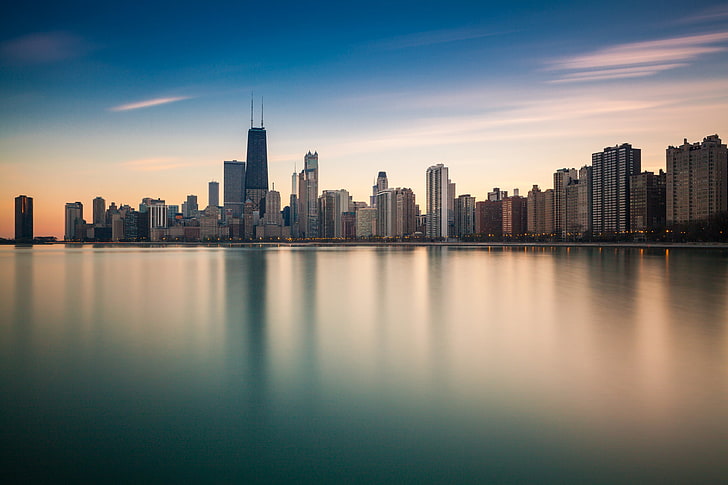 cityskyline wallpaper, the city, reflection, the ocean, shore, skyscrapers, Chicago, Illinois, panorama, HD wallpaper