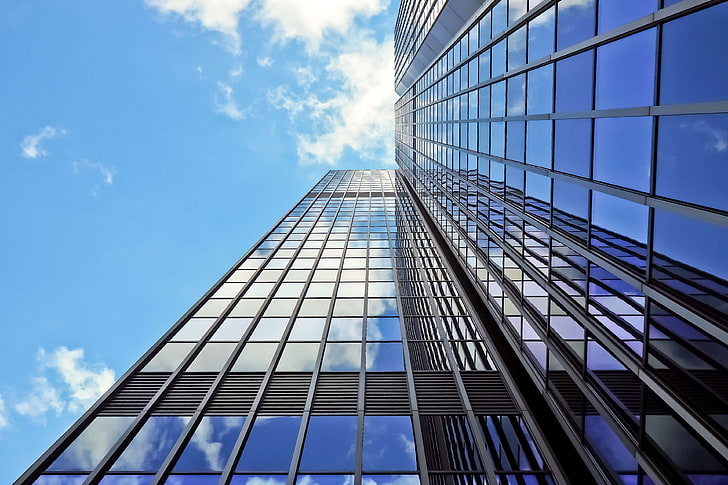 architecture, building, glass, glass window, high rise, low angle shot, perspective, reflection, skyscraper, HD wallpaper
