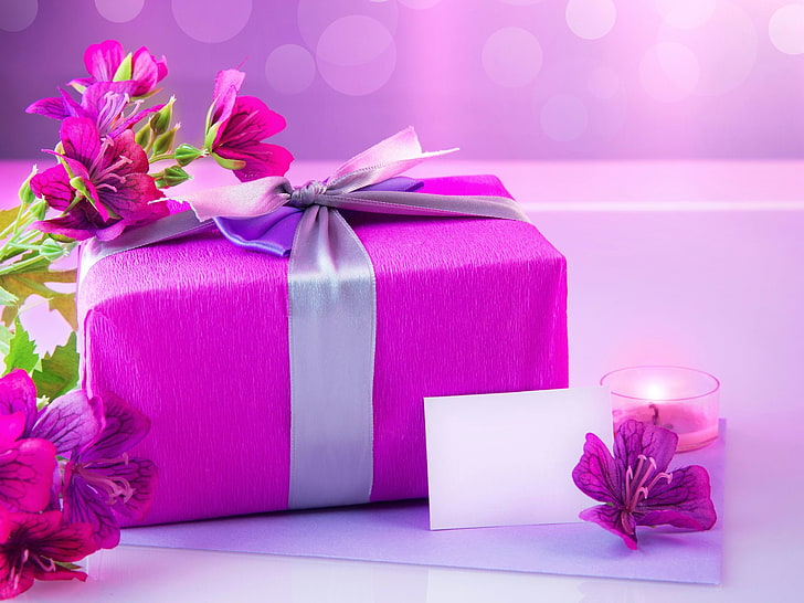 Verschiedenes, Geschenk, Kerze, Blume, Lila Blume, HD-Hintergrundbild